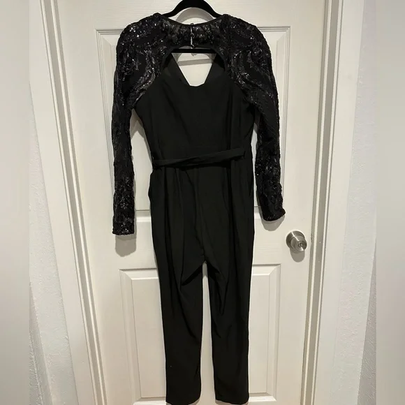Little Mistress wrap front jumpsuit sequin sleeves. - Picture 9 of 11